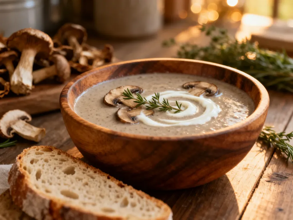 Kremowa zupa grzybowa w rustykalnej misce, podana ze świeżym tymiankiem, śmietaną i kromką chleba na zakwasie.