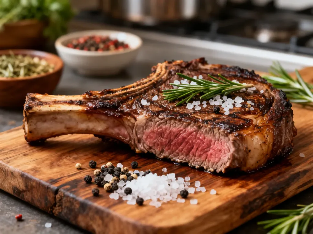 Soczysty stek ribeye z solą morską, pieprzem i rozmarynem na drewnianej desce, podkreślający aromatyczne przyprawy do mięsa.
