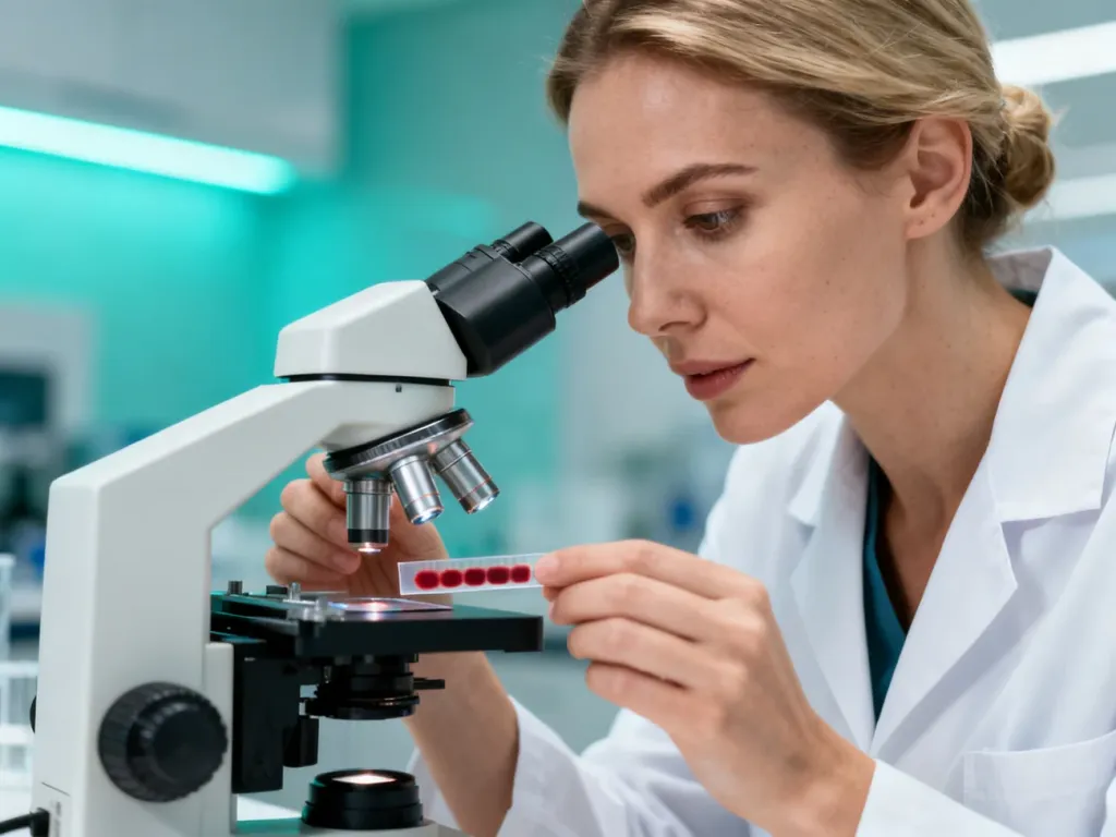 Laborantka w białym fartuchu analizuje próbkę krwi pod mikroskopem w nowoczesnym laboratorium medycznym.